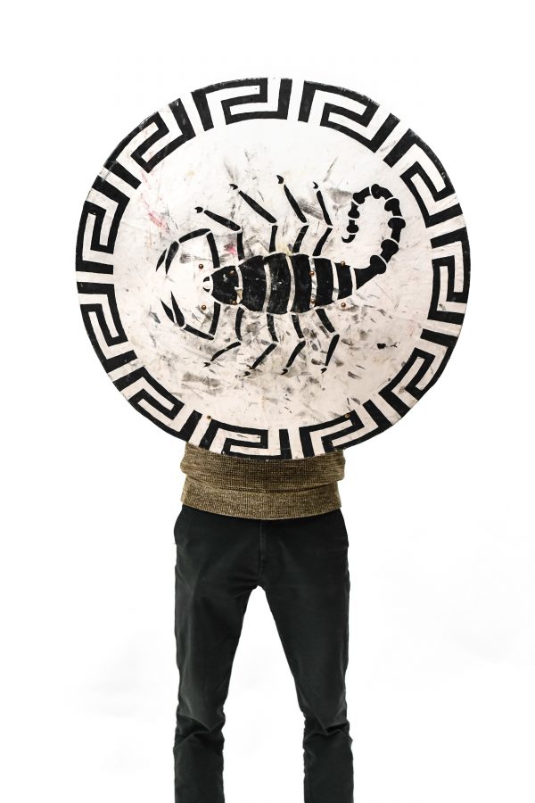 copy of antique greek shield white and black with scorpio for rent or as a prop
