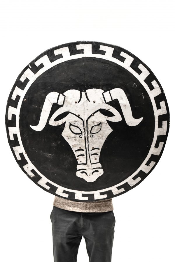 copy of antique greek shield black and white with taurus for rent or as a prop