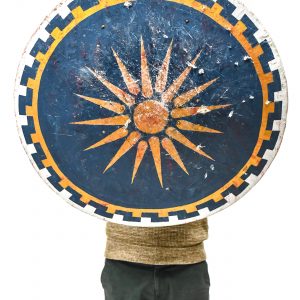 copy of antique greek shield gold and blue with the sun for rent or as a prop