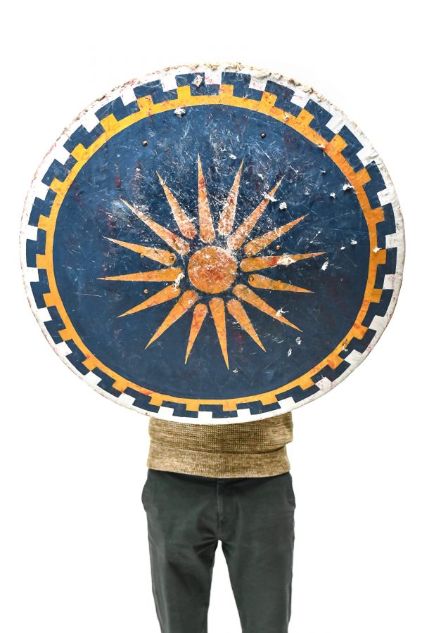 copy of antique greek shield gold and blue with the sun for rent or as a prop