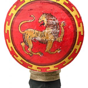 copy of antique greek shield gold and red with lion for rent or as a prop