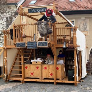 wooden double decker open tent as medieval tavern for rent