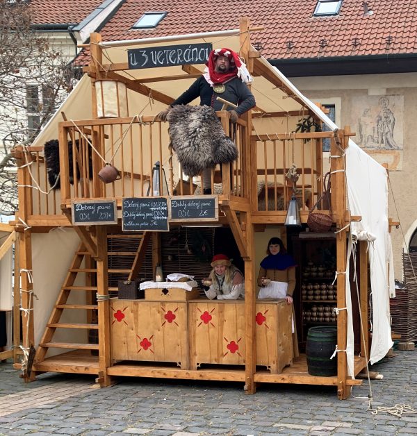 wooden double decker open tent as medieval tavern for rent