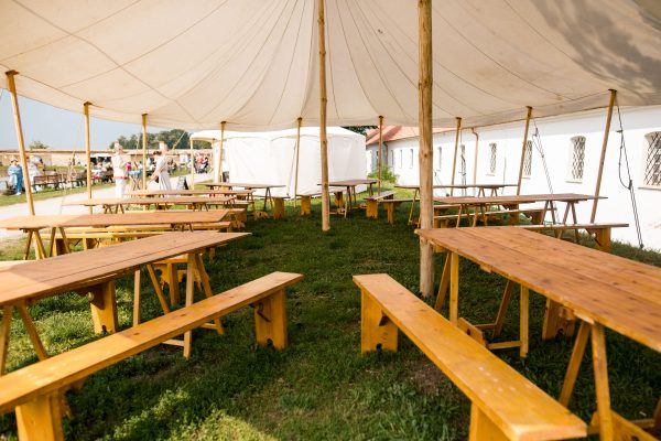 wooden seating and tables for over 200 set crew at commercial or movie filming